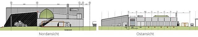 Architektonische Zeichnung der Vergärungsanlage. Darstellung in zwei Schnitten